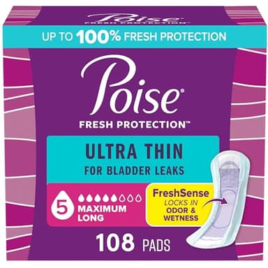 Poise Ultra Thin Incontinence Pads & Postpartum Pads for Bladder Leaks, 5 Drop Maximum Absorbency, Long Length, 108 Count, Packaging May Vary