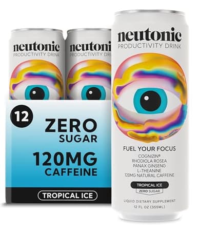 Neutonic Nootropic Productivity Energy Drink | Tropical Ice 12 Cans | 120mg Natural Caffeine, Zero Sugar | Support Memory, Mental Clarity, Cognitive Function | Boost Focus, Energy, Brain Health