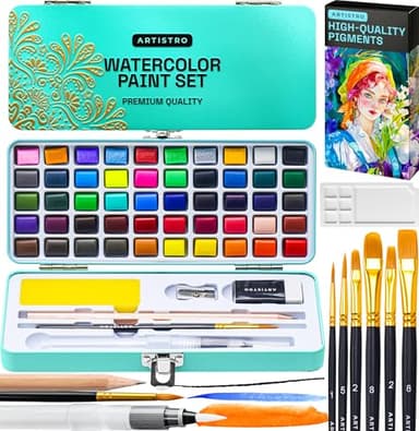 ARTISTRO 50 Color Watercolor Paint Set - Portable Paint Art Kit with Palette and Brush Pens - Travel Water Color Set for Adults, Professionals, Kids - Art and Painting Supplies - Gift Idea