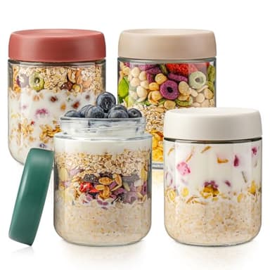 DIMBRAH Overnight Oats Containers with Lids,16oz Glass Jars with Lids - Set Of 4, Practical Oatmeal Container to Go, Chia Seed Pudding Jars, Baby Food Containers