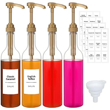 Bokon Coffee Syrup Dispenser 25.4 oz 750 ml Drinking Syrup Pump Bottles with Comprehensive Label Set and Funnel for Coffee Bar Accessories Essentials(Gold,4 Pcs)
