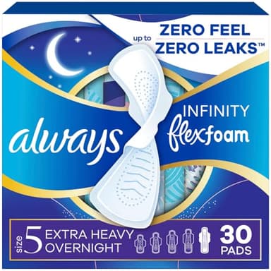 Always Infinity Feminine Pads for Women, Flexfoam Pads with Wings, Size 5, Extra Heavy Overnight Absorbency, Unscented, 30 Count