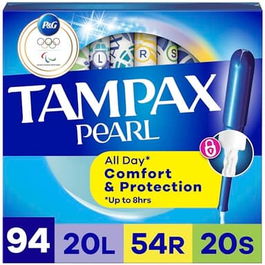 Tampax Pearl Tampons for Women Multipack, with LeakGuard Braid, Light/Regular/Super Absorbency, Unscented, 94 Count (2 Packs of 47) (Packaging May Vary)