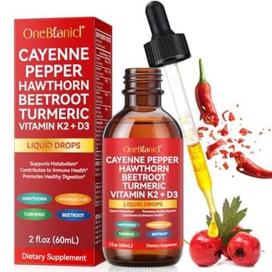 Cayenne Pepper Drops Supplement Liquid 60ml Herbal Supplements Cayenne Pepper Hawthorn Beet Root Turmeric Curcumin, Vitamin K2 & D3 Extract Organic