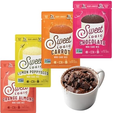 Sweet Logic Keto Dessert Mug Cake Mixes - Variety Pack - Triple Chocolate, Carrot Cake, Lemon Poppyseed, & Orange Almond - Low Sugar - Low Carb - Gluten-Free - High Protein - All Natural (4 Pack)