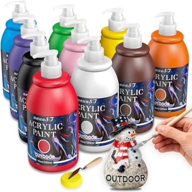 unuaST Outdoor Acrylic Paint Waterproof Set, 10 Colors Large Bulk Outdoor Paint with Pump, Rich Pigmented Paints for Artists/Beginners on Rocks, Wood, Metal, Crafts, Garden Statues (10oz/300ml)