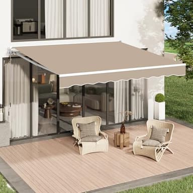 U-MAX Retractable Awning, 10'x8' Manual Awnings for Patio Sun Shade Shelter, Water-Resistant Polyester Cover Outdoor Door Window Awning with Crank Handle for Deck, Home, Backyard, Balcony, Beige