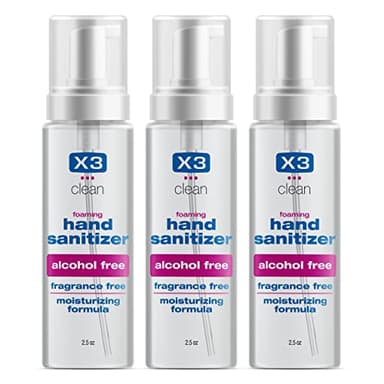 X3 Clean Foaming Hand Sanitizer, Alcohol Free and Fragrance Free, Kills 99.9% Germs, Moisturizing Formula, Travel Size 2.5 oz (3 Pack)