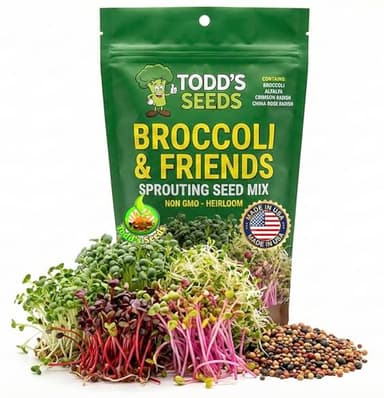 Todd's Seeds Broccoli and Friends Sprouting Seed Mix: Broccoli, Crimson Clover, Red Radish, Alfalfa, Non-GMO, Chemical Free, High Germination (1/4 Pound)