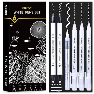 HNIHUY White Ink Pens, Fine Point White Gel Pens, Brush Tip Acrylic Markers, Dual-Tip Opaque Paint Pens for Black Paper Drawing, Sketching, Illustration, Card Making, 6 Pack