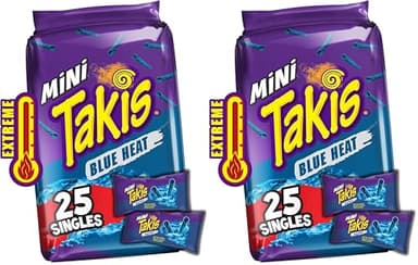 Takis Blue Heat Mini 25 pc / 1.23 oz Bite Size Multipack, Hot Chili Pepper Flavored Extreme Spicy Rolled Tortilla Chips (Pack of 2)