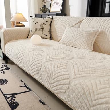 PJLZJFBY Sectional Couch Cover, Non-Slip Sofa Cover Plush Warm, Funny Fuzzy Pet Couch Covers for Sofa(2-3 Seater), Leaf Pattern Couch Protector for Dogs Washable(1PC, Beige White, 27.6"×70.9")