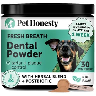 Dog Breath Freshener Dental Powder for Teeth Cleaning Plaque Off, Dental Care for Dogs, Tartar Remover for Teeth with Natural Herbal Blend + Postbiotics (Mint - 30 Servings)