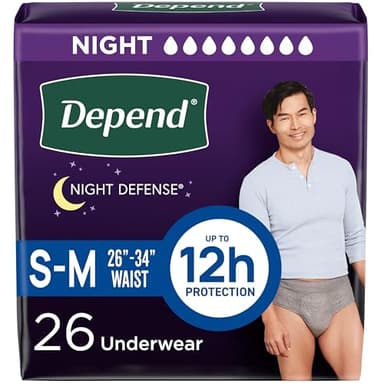 Depend Night Defense Adult Diapers, Incontinence Underwear for Men, Disposable, Overnight, Small/Medium, Grey, 26 Count, Packaging May Vary