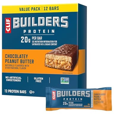 CLIF BUILDERS Protein Bars - Chocolate Peanut Butter Flavor - 20g Plant Based Protein - Gluten Free - Non-GMO - Low Glycemic - No Artificial Sweeteners - Value Pack, 2.4 oz. (12 Count)