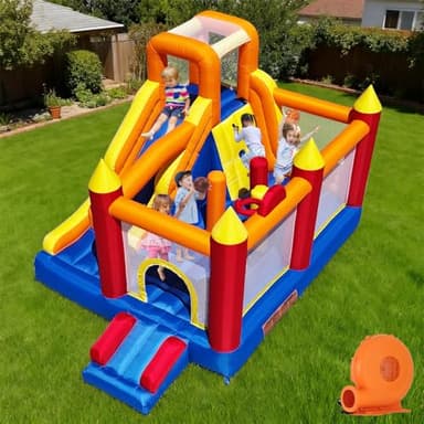 Baralir Inflatable Bounce House with 8.98 * 4.82 Ft Oversized Jump Area, 88'' Extra-Long Slide Kids Bounce House with Climbing Wall, Obstacle Poles & Hoop- Durable & Safe Backyard Fun for Kids