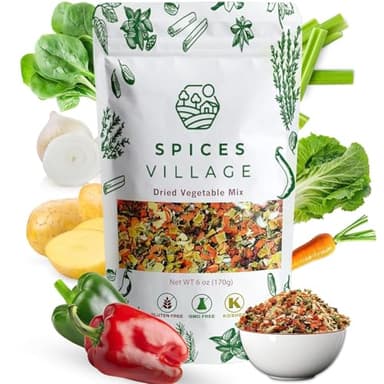 SPICES VILLAGE Dried Ramen Toppings, Dehydrated Vegetables Mixed Vegetables Flakes, 6 oz, Mix of Carrot, Onion, Red & Green Bell Pepper, Celery, Cabbage & Spinach Flakes - Kosher, Gluten Free, Non GMO, Resealable Bulk Bag