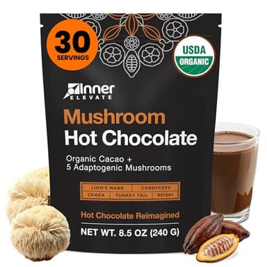 Inner Elevate Mushroom Hot Chocolate Superfood - Ceremonial Cacao with 5 Mushrooms (Lion's Mane, Cordyceps, Chaga, Reishi, Turkey Tail) - Great as a Coffee Alternative, Hot Chocolate, or Smoothie (30 Servings)