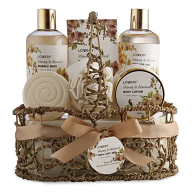Mothers Day Gift Basket, Gifts for Mom, Daughter, Grandma, Wife, Spa Honey & Almond Scent, Luxury Bath & Body Set, Shower Gel, Bubble Bath, Body Lotion, Salts, Bath Bomb, Bath Puff & Handmade Basket