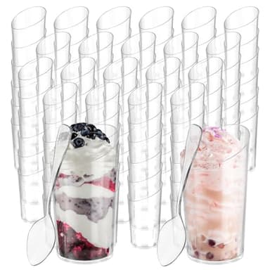 HaiFafafaing 100 Pack Mini Dessert Cups with Spoons 3oz Plastic Small Round Disposable Yogurt Parfait Appetizer Cups For Dessert Jello Shots Pudding Appetizers Tasting Sample Party Event