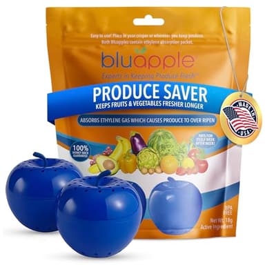 Bluapple Produce Saver Ethylene Gas Absorber - Fresh Fruit & Vegetable Storage for Refrigerator Crisper, Shelves & Fruit Bowls, Produce Keeper, Fruit Saver, Kitchen Must Haves, BPA-Free - 2-Pack