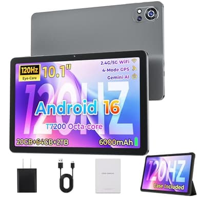 Android 16 Tablet,10 Inch IPS 120Hz Smooth Display,20GB+64GB+2TB Expandable, Octa-Core CPU,6000mAh Battery, Dual-Band WiFi, GPS,Face ID,Kids Tablets with Parent Control,Computer Tablet with Case,Grey