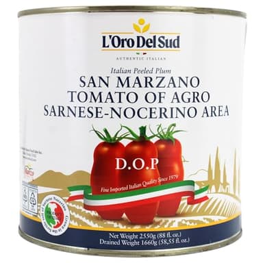 D.O.P San Marzano Tomatoes canned of Agro Sarnese-Nocerino Area, Net Wt. 2550g (88 fl. oz) L'Oro Del Sud Pomodoro San Marzano dell’Agro Sarnese-Nocerino D.O.P, Product of Italy, Drained Wt.1660g (58.55 fl. oz)