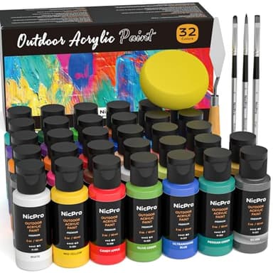 Nicpro 32 Colors Outdoor Acrylic Paint Bulk with Brush and Sponge, Knife, Non-Toxic Paint for Multi-surface Rock, Wood, Fabric, Leather, Crafts, Canvas, Shoes and Wall Painting