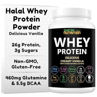 SHIFAA NUTRITION Delicious Creamy Vanilla Halal Whey Protein Powder 2Lbs | 26g Protein, 5500mg BCAAs, and 460mg Glutamine | for Recovery & Lean Muscles | Gluten-Free | Non-GMO | Keto-Friendly
