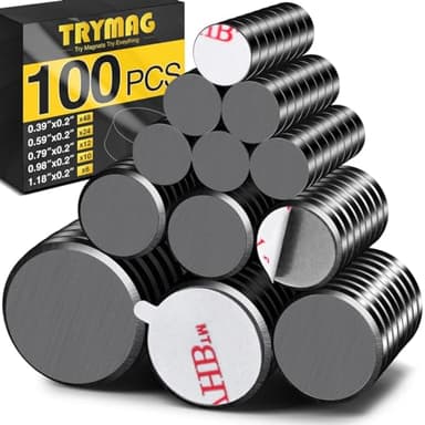 TRYMAG 5 Different Sizes, 100Pcs Strong Ceramic Magnets with Adhesive Backing for Crafts, Small Round Flat Ferrite Circle Magnets for Refrigerator, Kitchen, Classroom, Photos
