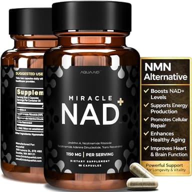 AQUAAID Miracle NAD Supplement - Urolithin A, Nicotinamide Riboside NR, NAD+, Trans Resveratrol 1150 mg for Men and Women - Anti Aging, Cellular Repair, NMN Alternative - 3rd Party Tested 60 Capsules