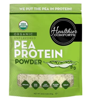 Healthier Comforts Organic Unflavored Pea Protein Powder - Low Sodium (1 lb.) | USA Grown and Processed | 100% Plant Based Protein | Kosher, Gluten Free, Non-GMO, Keto Friendly (16oz)