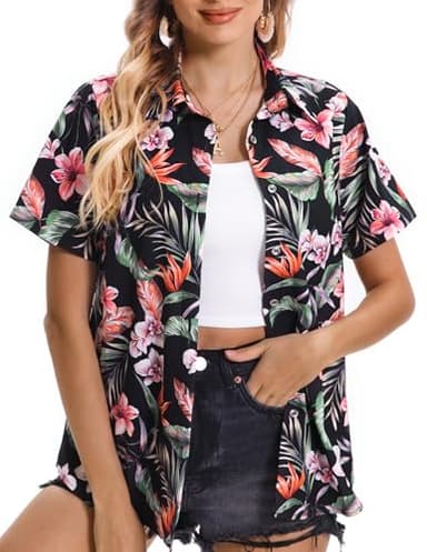 Hawaiian Shirts for Women, Summer Tropical Shirt Womens Floral Tops Beach Button Down Shirts for Women Luau Outfits Hawaii Short Sleeve Blouses for Ladies, Aloha Shirt for Party, Tropical Black, Large