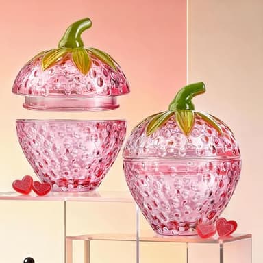 kanpura Pink Strawberry Candy Jar with Lid Small Cute Crystal Candy Dish Set of 2 Glass Decorative Container for Sugar, Cookie, Nuts Valentines Day Gift for Women (3.5 oz)