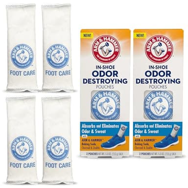 Arm & Hammer In-Shoe Odor Destroying Pouches, Shoe Deodorizer Insert for Reducing Odor and Absorbing Moisture, Smell Eliminator for All Footwear, Gym Bags and Work Boots (4 Pouches)