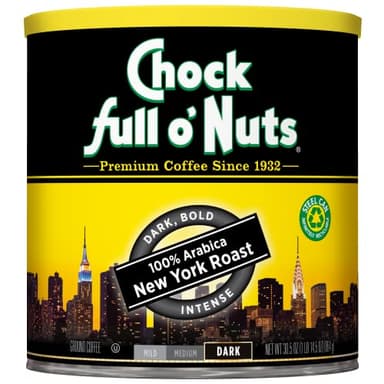 Chock Full o' Nuts New York Roast Ground Coffee – Premium Beans in Recyclable Steel Can – Rich Flavor & Aroma, Dark Roast – Perfect for Drip, Pour-Over, Percolator – 30.5 Oz Can