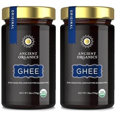Ancient Organics Ghee - Organic Grass Fed Ghee Butter, Gluten Free, Clarified Butter, Vitamins & Omegas, Lactose Reduced, Kosher, USDA Certified - 28 Oz (Pack of 2)