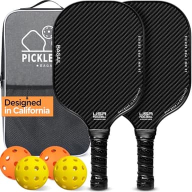 BAGAIL Pickleball Paddles, USAPA Approved Fiberglass Surface Pickleball Set, Lightweight Pickle Ball Rackets with 4 Balls, 1 Bag, Designed in California for Traction and Stability - 2 Pack, Black