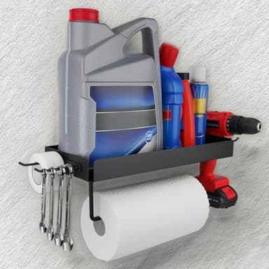 Garage Paper Towel Holder with Shelf & 2 Detachable Hooks - Wall Mount Shop Towel Holder & Paper Towel Holder Wall Mount - One-Hand Tear Design for Easy Organization and Storage in Your Garage (Black)
