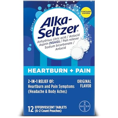Alka-Seltzer Heartburn + Pain Effervescent Aspirin + Antacid Tablets, Fast Heartburn Relief and Acid Indigestion Relief, Pain Relief with Aspirin, 12 Ct