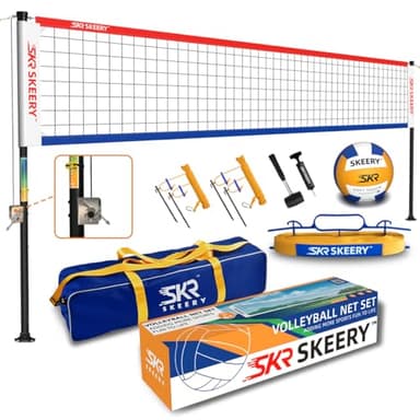 SKEERY Outdoor Heavy Duty Volleyball Net Set, Anti-Sag Design, Adjustable Aluminum Poles, Portable Volleyball Net for Backyard,Grass and Beach(Red and Blue)