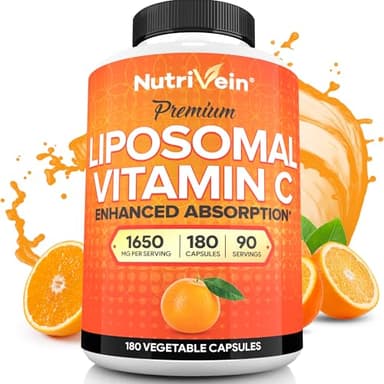 Nutrivein Premium Liposomal Vitamin C Supplement 1650mg - 180 Caps: High-Absorption High Dose Vitamin C Capsules for Whole-Body Defenses & Overall Well-Being