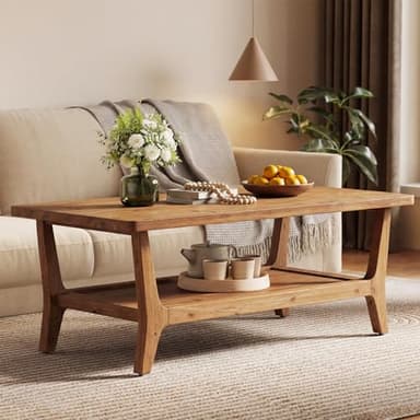 LITTLE TREE Solid Wood Coffee Table, 47-Inch Living Room Center Table with Shelf, 2-Tier, Smooth Corners, Lightweight, Easy Assembly, 23.6" D x 47.2" W, Warm Cedar Brown Finish