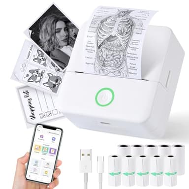 cudinham Print Pods Mini Printer, Sticker Printer with 10 Rolls Thermal Printing Paper, Inkless Pocket Printpod for Phone, Impresora Portátil for Notes, DIY, Compatible with iOS & Android (White)