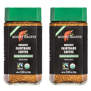 Mount Hagen 3.53oz Organic Freeze Dried Instant Decaf Coffee- 2 Pack | Eco-friendly Decaf Coffee Made From Organic Medium Roast Arabica Beans | Fair-Trade Instant Coffee Decaffeinated [2x 3.53oz Jar]
