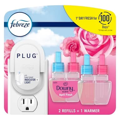 Febreze Plug-In Air Freshener, Odor-Fighting Scented Oil Starter Kit, Air Fresheners for Home and Bathroom and Kitchen, Long Lasting for Strong Odors, Downy April Fresh Scent, Warmer + 2 Refill