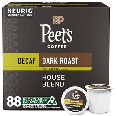Peet's Coffee, Dark Roast Decaf Keurig K-Cup Pods - Decaf House Blend 88 Count (4 Boxes of 22 K-Cup Pods)