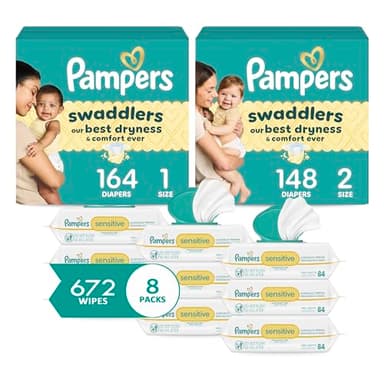 Pampers Baby Diapers and Wipes Starter Kit, Swaddlers Disposable Baby Diapers Sizes 1 (164 Count) & 2 (148 Count) with Sensitive Water Based Baby Wipes 8X Pack Pop-Top (672 Count)
