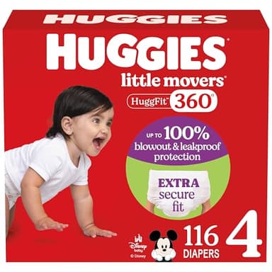 Huggies Size 4 Baby Diapers, Little Movers HuggFit 360° Baby Diapers with 360° Waistband, Size 4 (22-37 lbs), 116 Count, Packaging May Vary