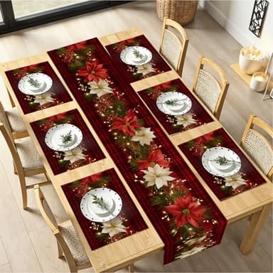Christmas Table Runners and Placemats Set of 6, Red Plaid with Poinsettia & Floral Design, Perfect for Holiday Dining, 7-Piece Christmas Table Decoration